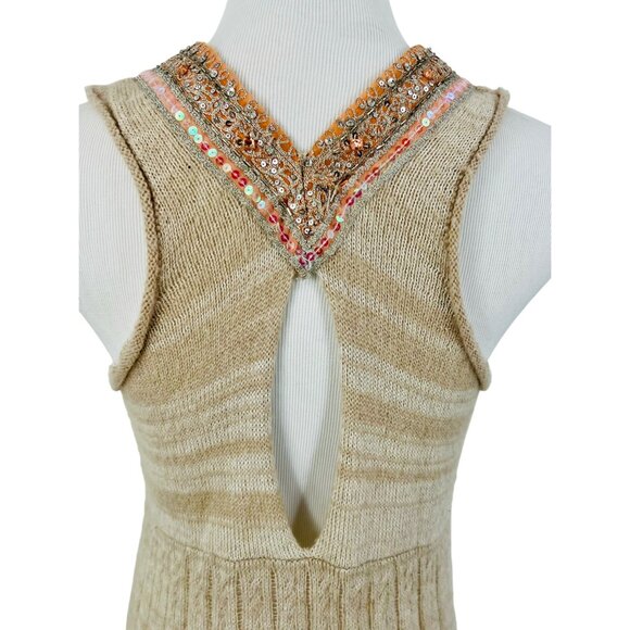 RARE Vintage Free People Beige Embellished Sequin Trim & Keyhole Back Boho Knit - Picture 4 of 15